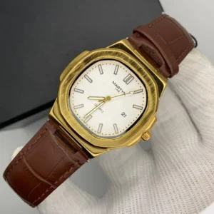Luxurious Gold Watch with Brown Leather Strap ( White Dial )
